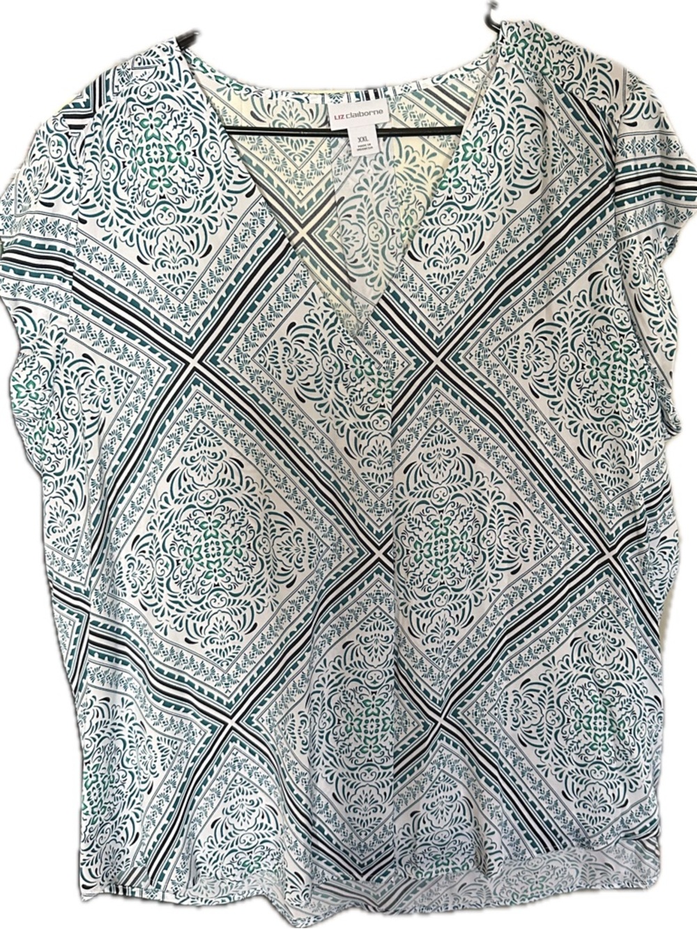 Liz Claiborne White Top with Green and Black Geometric Print